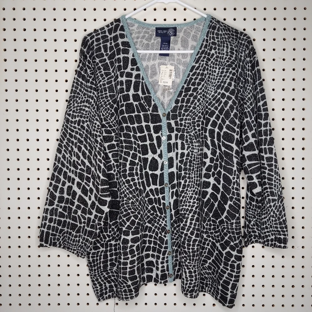 Venezia‎ Vintage Cardigan Women 3X Button V-Neck Animal Metallic 3/4 Y2K